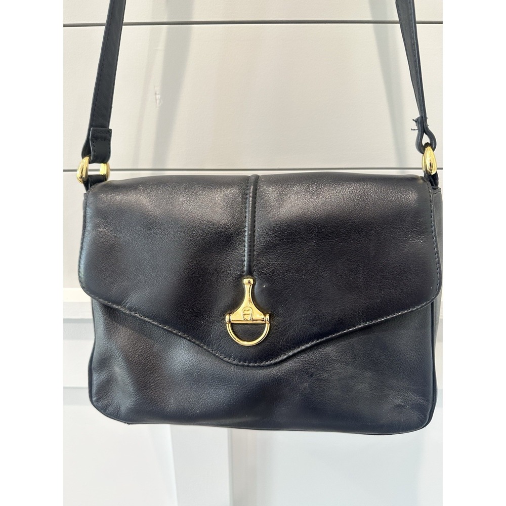 Etienne‎ Aigner Vintage Shoulder Bag Black Crossbody Leather Gold Trim